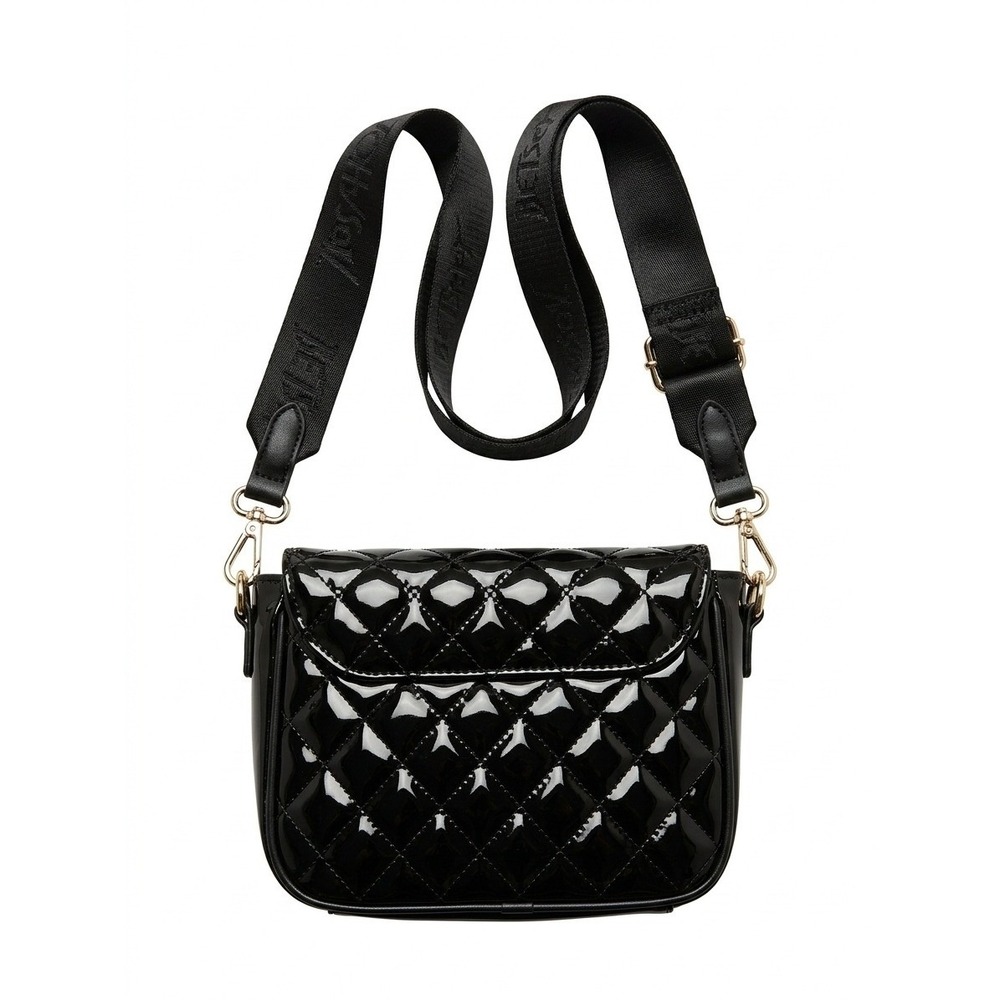 Betsey Johnson Black Patent Quilted Heart Crossbody Bag Gold Logo Pink Lining
